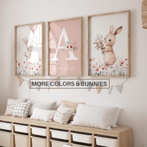 Set di 3 stampe da parete a forma di coniglietto per la cameretta dei bambini, nome personalizzato con fiori di campo, cartello personalizzato con nome per neonato, decorazione per cameretta dei bambini, coniglio, mongolfiera