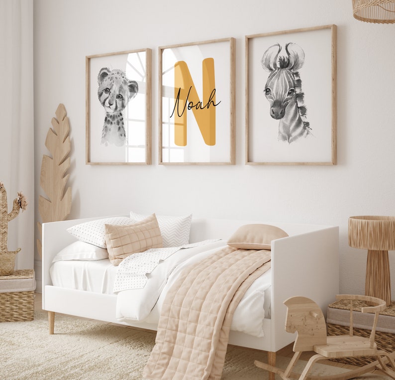 Conjunto de 3 Jungle Animal Nursery Decor Wall Art Print/ Nombre personalizado/ Safari Nursery Decor/ León, Elefante, Jirafa/ Niños Niños Imprimibles imagen 6