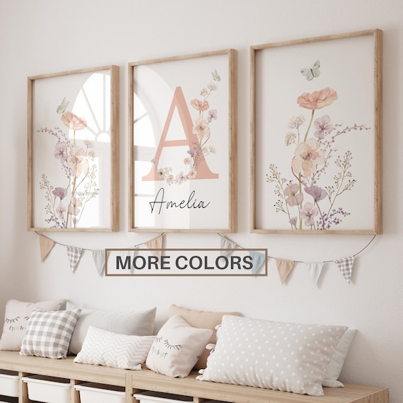 Custom Wildflowers Prints| Floral nursery Wall Art, Boho, Baby girl Nursery Wall Art| Watercolor flowers| Personalised name sign Initial