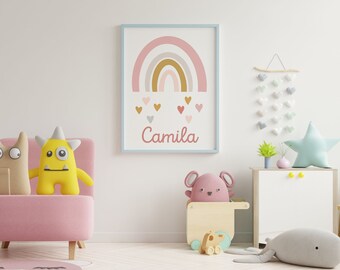 Stampe Per Asilo Nido E Cameretta – Tema Arcobaleno Con Nome Personalizzato – Little Print Corner