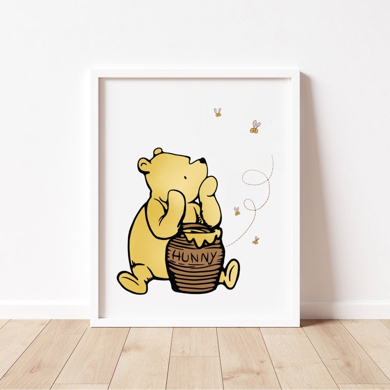 Winnie the Pooh sitting with her pot of honey and some cute bees