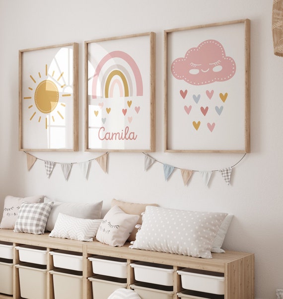 Set of 3 Girl Nursery Wall Art Print Rainbow Cloud Sun