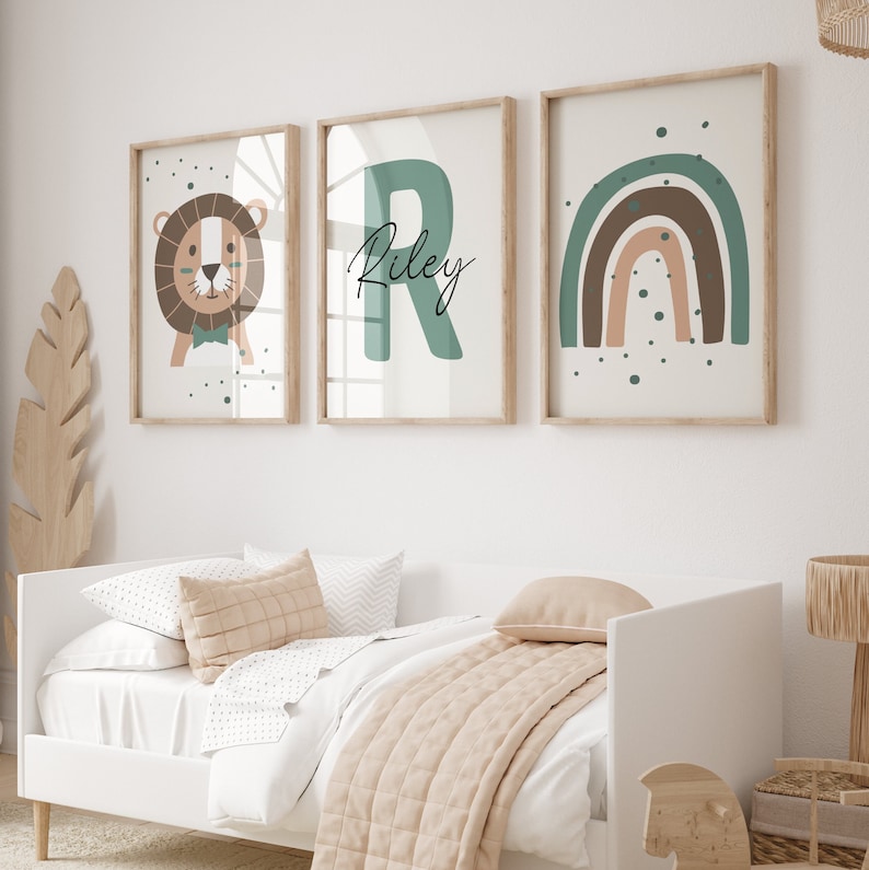 Conjunto de 3 impresiones de arte de pared de animales de la selva / Nombre personalizado / Boho, Safari, León, Arco iris / Decoración de niños de guardería / Personalizado / Descarga digital imagen 6