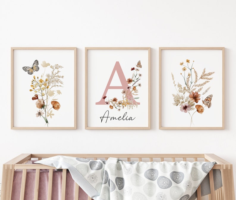 Impresiones personalizadas de flores silvestres/ Arte de pared de vivero floral, Boho, Arte de pared de guardería para niñas/ Flores de acuarela/ Signo de nombre personalizado Inicial imagen 2