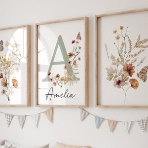 Impresiones personalizadas de flores silvestres/ Arte de pared de vivero floral, Boho, Arte de pared de guardería para niñas/ Flores de acuarela/ Signo de nombre personalizado Inicial imagen 10