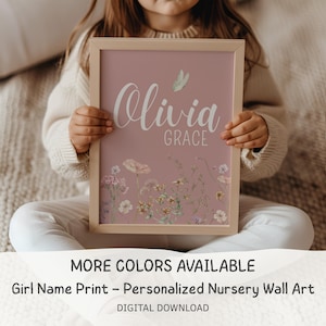 Stampa artistica da parete con nome floreale personalizzato per cameretta dei bambini con fiori di campo/ Nome personalizzato/ Fiore ad acquerello/ Decorazione per cameretta dei bambini/ Targa con nome, stampabile