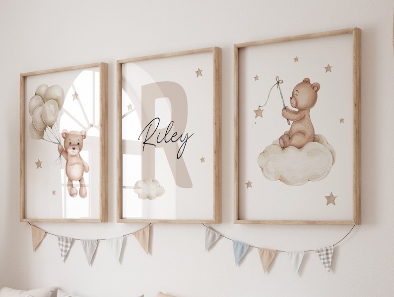 Set of 3 Custom Teddy Bear nursery wall art print Personalized name Teddy bear Nursery Decor Nursery Child Kids Decor Cloud, Moon, Ballon image 7