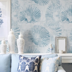 Baby Blue Seashell Wallpaper: Watercolor Coastal Peel and Stick