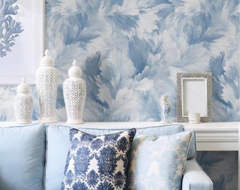 Papel pintado de acuarela costera: diseño abstracto pictórico - Azul polvoriento y blanco