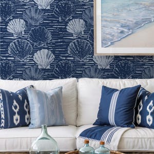 Seashell Nautical Peel and Stick Wallpaper: Navy Blue Ocean Theme