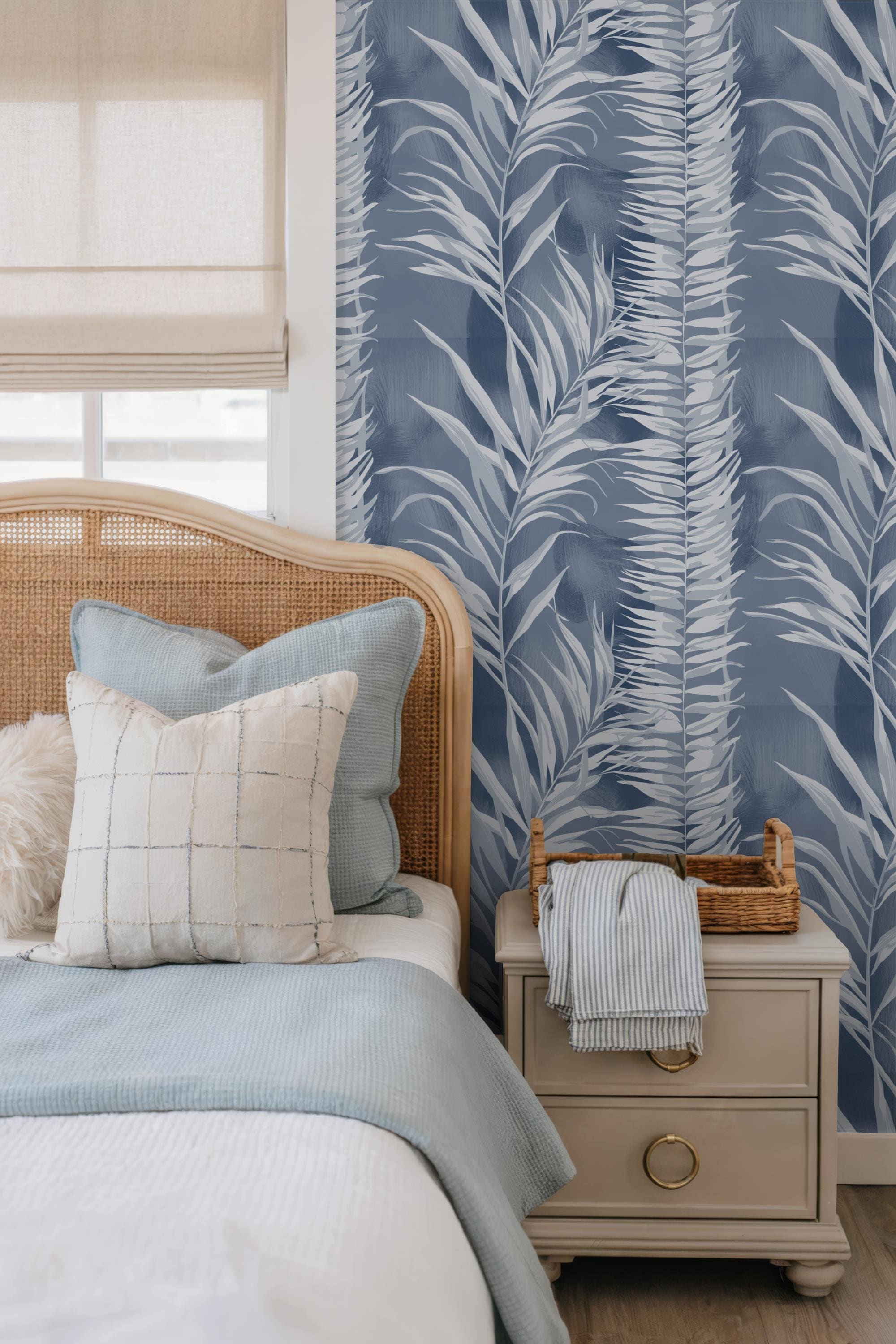 Coastal Palm Leaf Peel and Stick Wallpaper: Blue & White Botanical - Etsy