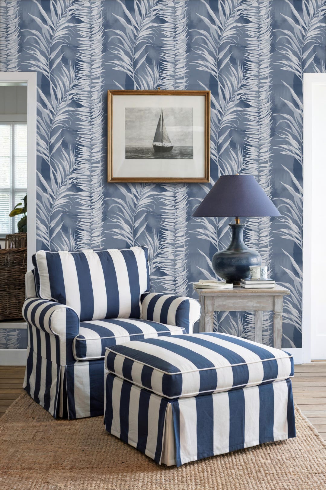 Coastal Palm Leaf Peel and Stick Wallpaper: Blue & White Botanical - Etsy