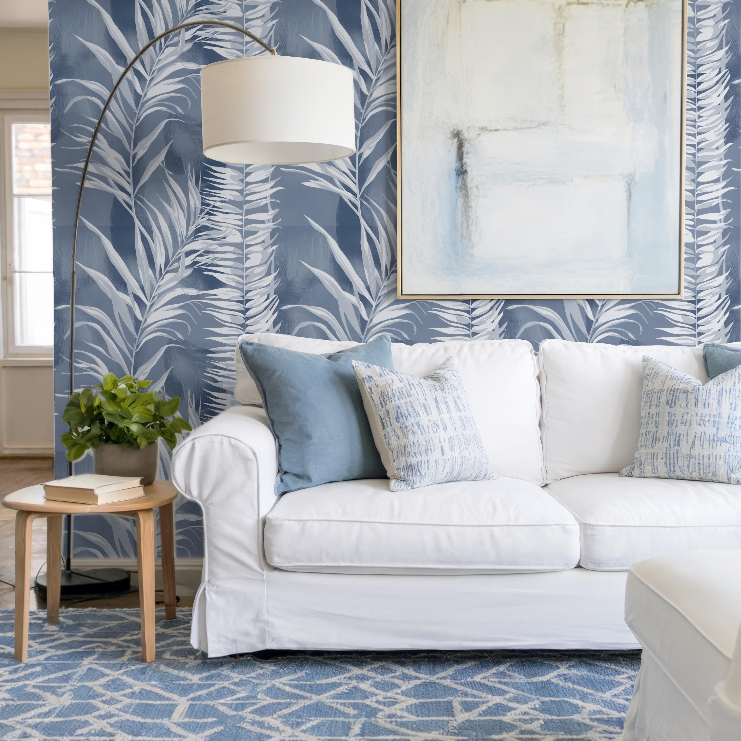Coastal Palm Leaf Peel and Stick Wallpaper: Blue & White Botanical - Etsy