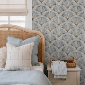 Scallop Shell Wallpaper - Coastal Art Deco Fan Peel and Stick, Blue and Beige Removable Wallpaper, Serene Beach House Accent Wall