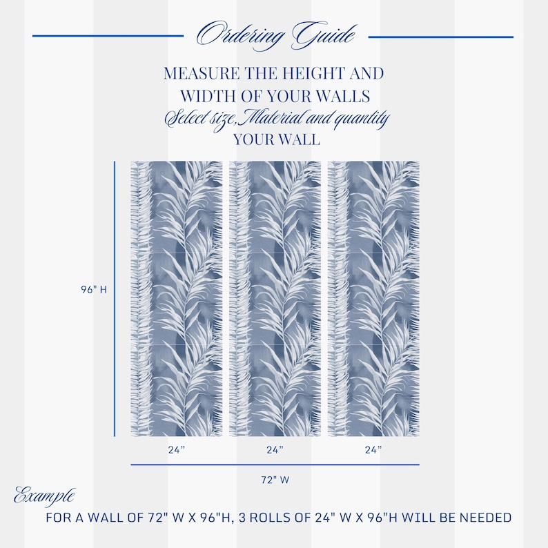 Puede incluir: Papel pintado azul y blanco con dise&ntilde;o de hojas de palmera. La imagen incluye una gu&iacute;a de pedido con medidas de 183 cm de ancho x 244 cm de alto, y el texto "Mida la altura y el ancho de sus paredes".