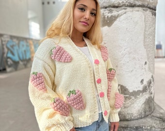 Strawbery knit jacket,flowers cardigan,fruit cardigan,chunky knitwear unique clothes,cardigan