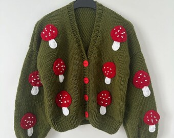 Mushroom Cardigan, mushroom sweater, red mushroom embroidered cardigan, mushroom Handmade Sweater for Women