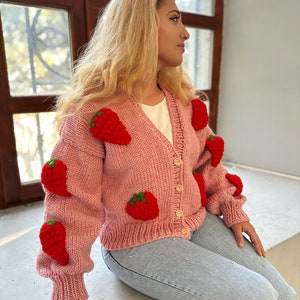 Strawbery knit jacket,flowers cardigan,fruit cardigan,chunky knitwear unique clothes,cardigan image 2