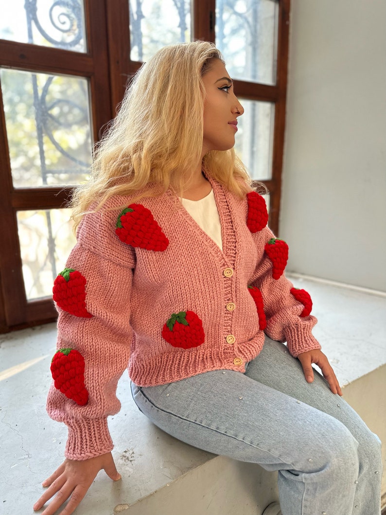 Strawbery knit jacket,flowers cardigan,fruit cardigan,chunky knitwear unique clothes,cardigan image 2
