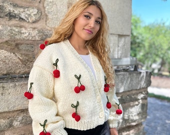 Cherry Cardigan ,3d Cherry embroidered , chunky woman cardigan, Handmade, Cherry Sweater ,Unique gifts for her, Cherry crochet pattern