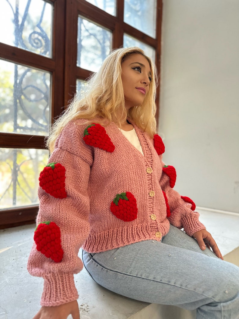 Strawbery knit jacket,flowers cardigan,fruit cardigan,chunky knitwear unique clothes,cardigan image 4