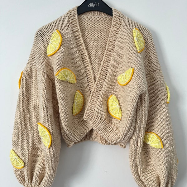 lemon knit jacket,lemon cardigan,fruit cardigan,chunky knitwear unique clothes,cardigan