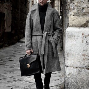 Abrigo gris de lana con cinturón, confeccionado a medida para hombre y mujer - Gabardina de invierno con estampado de espiga