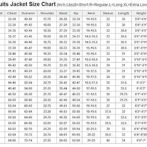 Puede incluir: Tabla de tallas de chaquetas de trajes para hombre con medidas en pulgadas y libras. Incluye medidas de chaqueta, pecho, sisa, hombro, cintura, cadera, cuello, manga, largo, altura y peso para tallas S a 6XL.