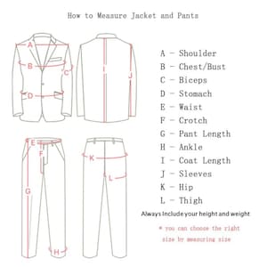 Puede incluir: Diagrama que ilustra c&oacute;mo medir una chaqueta y un pantal&oacute;n. La imagen muestra una chaqueta y un pantal&oacute;n con puntos de medici&oacute;n etiquetados: hombro, pecho/busto, b&iacute;ceps, est&oacute;mago, cintura, entrepierna, largo del pantal&oacute;n, tobillo, largo del abrigo, mangas, cadera y muslo.