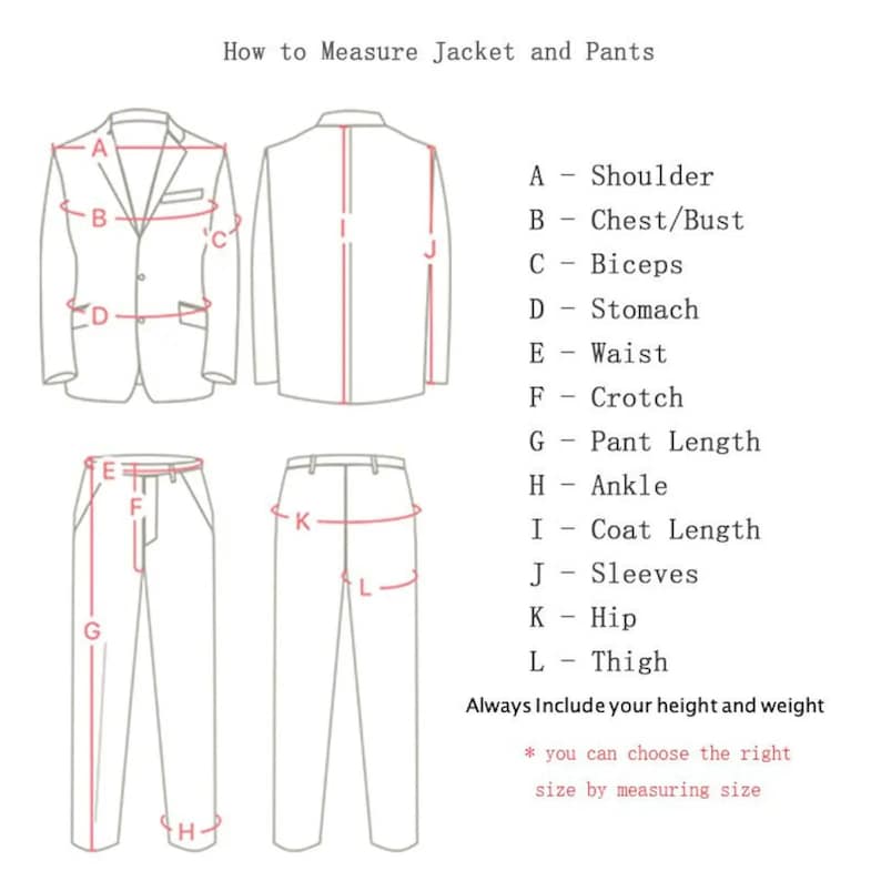 Puede incluir: Diagrama que ilustra c&oacute;mo medir una chaqueta y un pantal&oacute;n. La imagen muestra una chaqueta y un pantal&oacute;n con puntos de medici&oacute;n etiquetados: hombro, pecho/busto, b&iacute;ceps, est&oacute;mago, cintura, entrepierna, largo del pantal&oacute;n, tobillo, largo del abrigo, mangas, cadera y muslo.