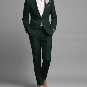 Dark Green Linen Suit: Slim Fit 2-Piece Summer Wedding Outfit
