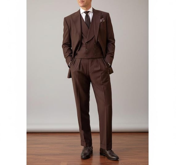 Custom Chocolate Brown Three-piece TR Suit for Men - Double-breasted Vest  Wedding Formal Wear - Etsy