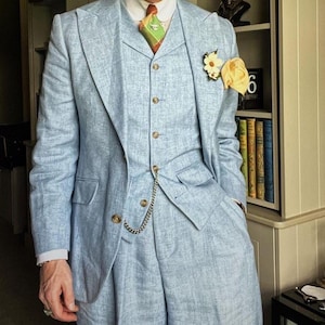 Traje de 3 piezas de lino azul cielo para hombre / Traje de boda de verano de inspiración vintage / Conjunto de blazer, chaleco y pantalón / Traje formal ligero