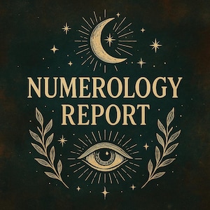 May include: A dark teal background with the words "Numerology Report" in a gold serif font. The design includes a gold crescent moon, stars, and an eye with radiating lines. Two gold leafy branches frame the eye.