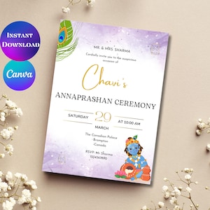 Invito modificabile Annaprashan Invito alla cerimonia di Annaprashan Invito alla cerimonia dello svezzamento Pasni Decor Canva Invito all'alimentazione del riso