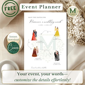 Chronologie minimale du mariage pour un couple indien « Save the Date » Carte d'itinéraire de mariage indien Planificateur de garde-robe pour couple modifiable Canva