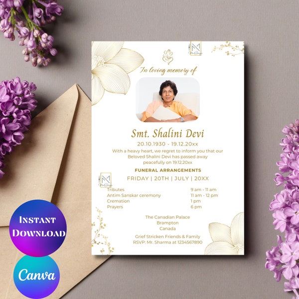 Indian funeral invite Hindu Funeral Program Announcement template Indian Funeral invitation Digital Hindu funeral invitation Canva