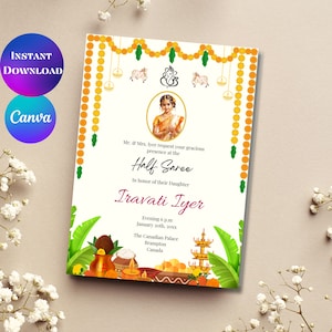 Photo Half saree invitation Digital sari invitation Half saree ceremony invite Photo Saree invite Puberty ceremony invitation Canva editable