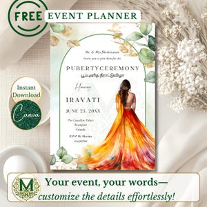 Puberty Ceremony invitation Half Saree Ceremony invitation Instant Download Sari ceremony invitation Half saree invite Canva Saree invite