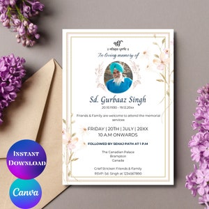 Sikh-begrafenisprogramma uitnodigen Punjabi-sjabloon voor begrafenisuitnodiging Antim Ardas Bhog-uitnodiging Instant download Indiase begrafenisuitnodiging Canva