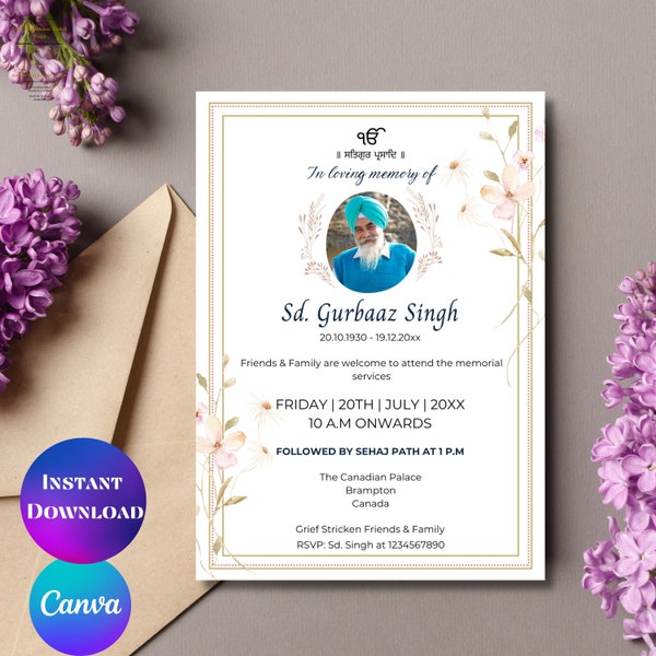 Programa funerario sikh invita plantilla de invitación funeraria punjabi Antim Ardas Bhog invitación Descarga instantánea invitación funeraria india Canva