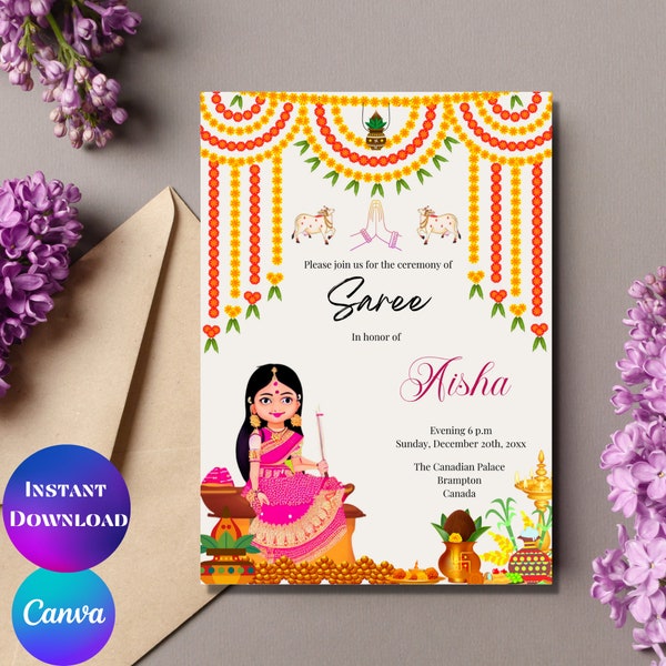 Half saree invitation Digital sari invitation ceremony card Saree invite Half sari invitation Canva editable Printable Sari ceremoy invite
