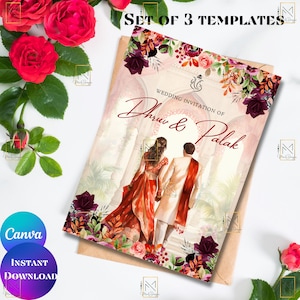 Cartões de casamento indianos Cartões de convite digitais hindus Modelo de convite indiano Shaadi Cartões de casamento hindus Conjunto de convites de casamento hindu Canva