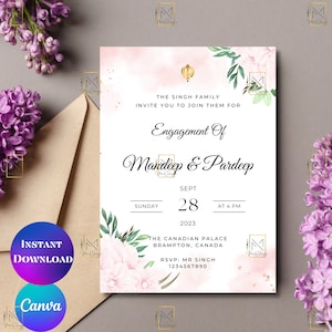 Sikh Roka Ceremony Invitation Card Punjabi Engagement Card Pink Floral Engagement Invite Roka Invitation template Ring Ceremony Invitation