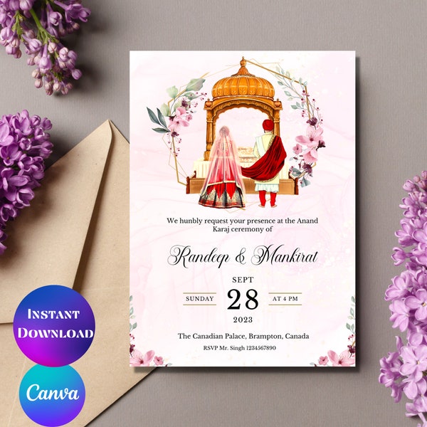 Sikh wedding invitation digital Sikh wedding card Sikh wedding invite Punjabi wedding card Punjabi wedding invitation Anand Karaj invite