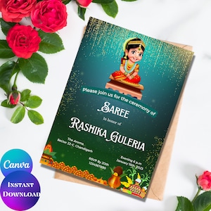 Half saree invitation Digital sari invitation ceremony card Saree invite Half sari invitation Canva editable Printable Sari ceremoy invite