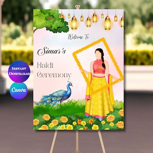 Haldi signo de bienvenida Novia haldi signo de bienvenida Signos de bienvenida Maiyaan Haldi señalización Haldi decoración Haldi cartel Canva descarga instantánea editable