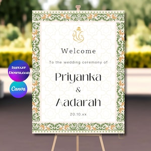 Elegant Hindu wedding welcome sign Indian wedding welcome sign Indian wedding signage Indian wedding sign Floral Hindu wedding sign Canva