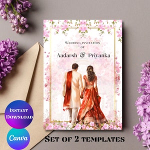 Cartões de casamento indianos Cartões de convite digitais hindus Modelo de convite indiano Shaadi Cartões de casamento hindus Conjunto de convites de casamento hindu Canva