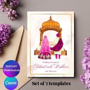 Elegant Sikh wedding invitation Digital Punjabi wedding invite editable Sikh wedding invitation card Anand Karaj invitation template Pink